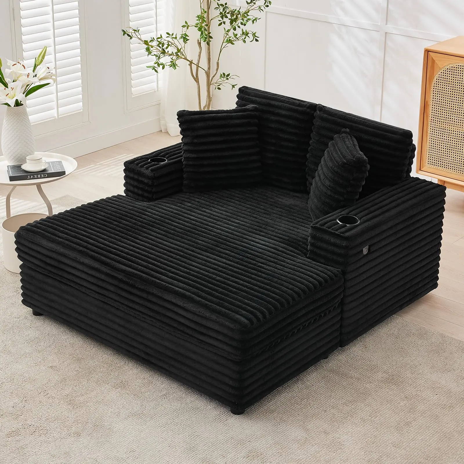 Garvee Oversized Corduroy Indoor L-Shaped Chaise Lounge Chair - Comfy Couch with USB Port Extension, Cup Holders, Throw Pillows, Track Arms, 54''x60''x33'', Easy Setup for Living Room, Bedroom Relaxation