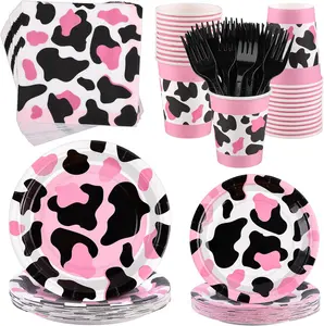 144 count   Party Tableware Sets Including Disposable Plates Napkins Cups Forks Serves 24 for Cow Theme Farm  Party Supplies