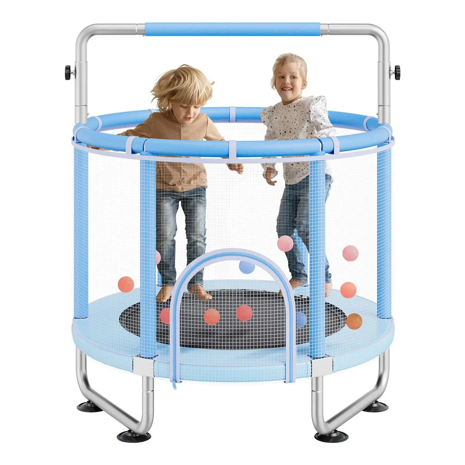 VEVOR 55" Solid Mini Kids Trampoline - 4.6FT Single Unit Indoor-Outdoor Trampoline with Safety Enclosure Net, Basketball Hoop, Christmas Sports Gift for 3+ Years Children (Blue), Birthday