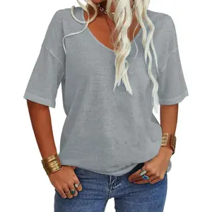 Imily Bela Women's Summer Fashion V-Neck Half Sleeves T Shirt Solid Casual Loose Basic Tunics Tops