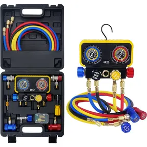 AC R1234YF Gauge Set, Automotive 4 Way R1234yf Refrigerant Recharge Kit, R134A AC Manifold Gauge Set with 5FT Hoses for   and Evacuation