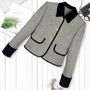 DUSHE Women's Chic Elegant Fitted Houndstooth Tweed Blazer Jacket - Collared Contrasting Velvet Lapel, Long-Sleeve Button-Up, Temperament Business Commuting Lady Clothes