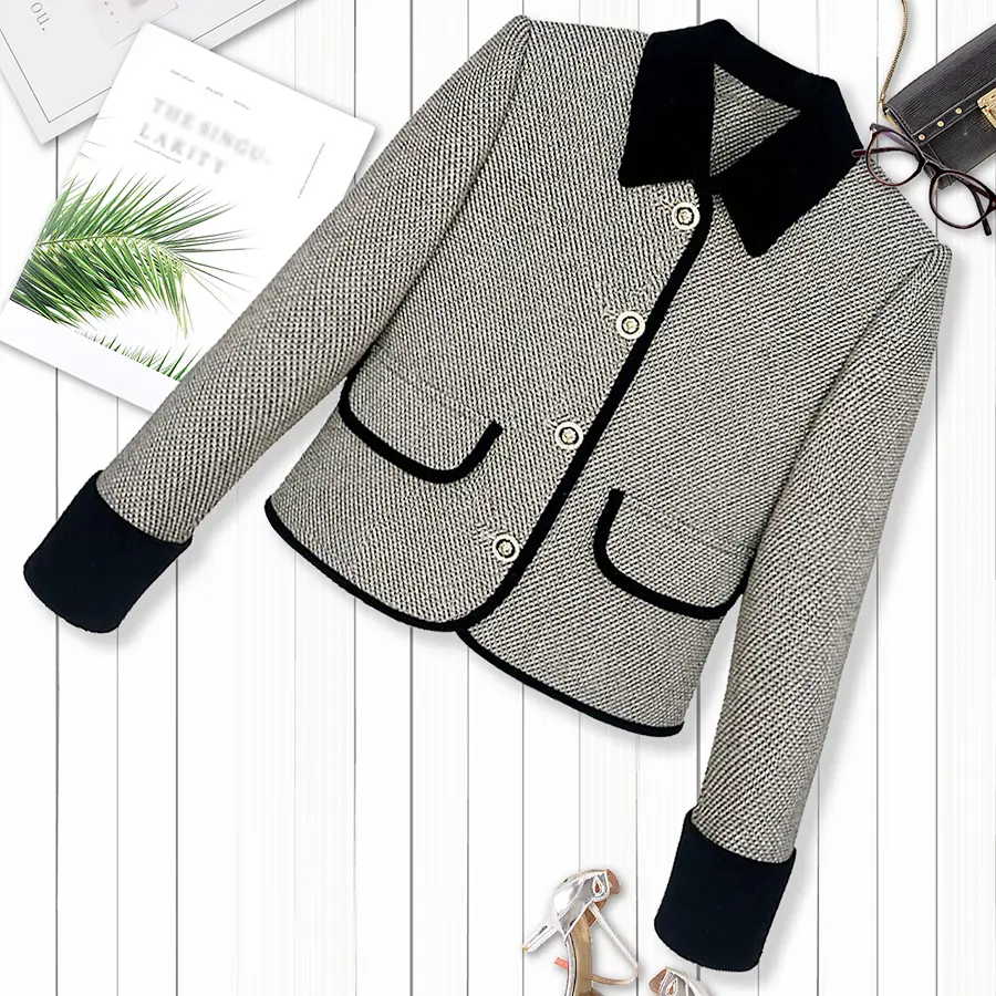 DUSHE Women's Elegant Fitted Houndstooth Tweed Blazer Jacket - Collared Contrasting Velvet Lapel, Long Sleeve Button-Up, Business Casual Outfits for Commuting Ladies, Blazer Jackets, Fitted Cut Flatters Curves, Medium Length, Retro Chic, Separate Blazer,