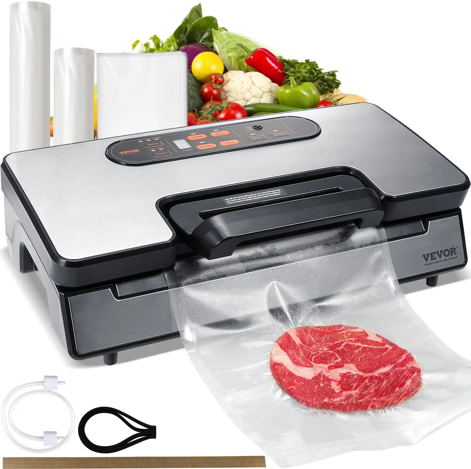 【Summerfinds】VEVOR Vacuum Sealer Machine 90Kpa 130W Powerful Dual Pump and Dual SealingDry and Moist Food StorageAutomatic and Manual Air Sealing System with Built-in Cutterwith Seal Bag and External Hose, Vacuum Packing Machine, Bagged Vacuum Sealers