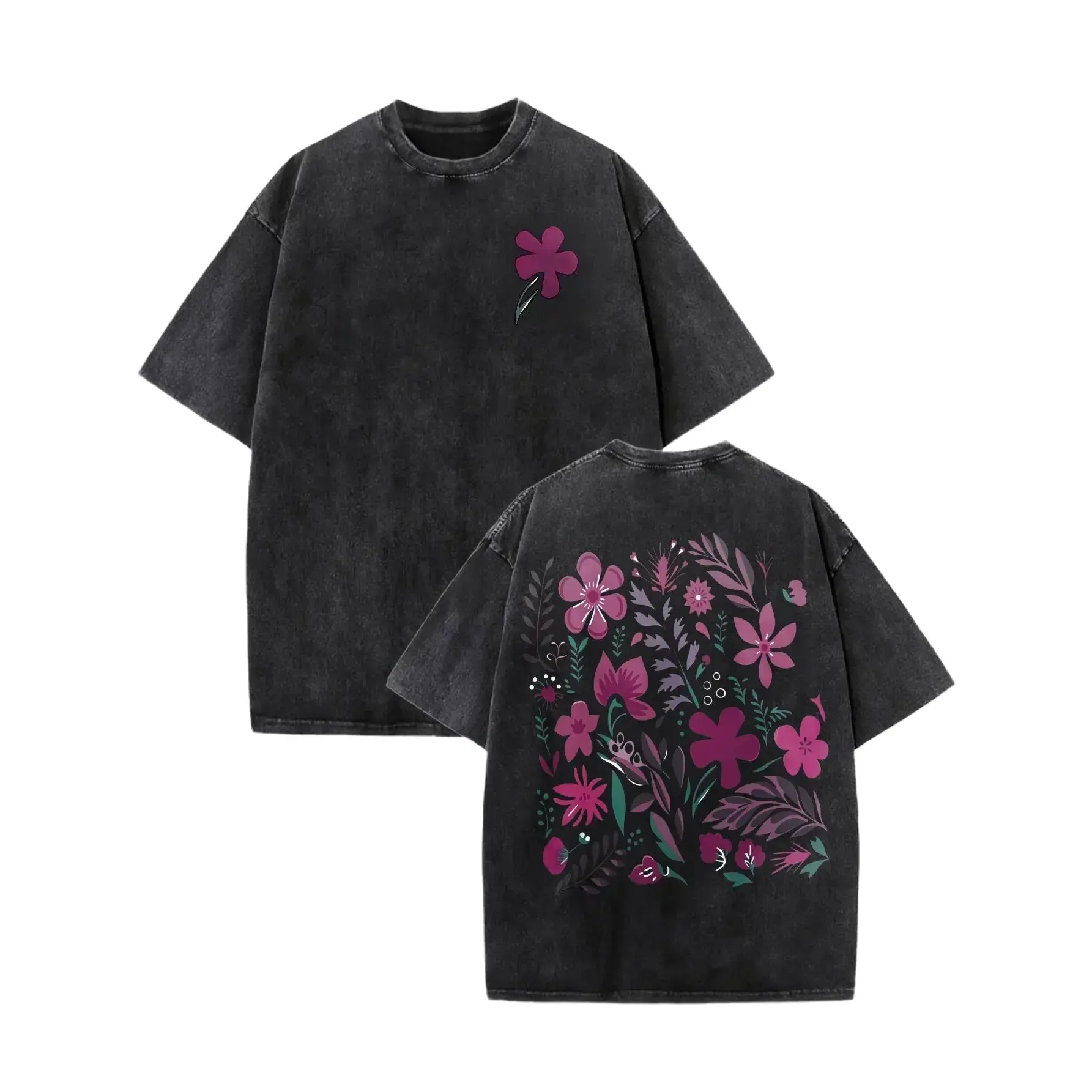 Plus Size Womens Casual Ditsy Floral Cotton Washed T Shirt Black Crew Neck Short Sleeve Top Minimalist Retro Summer Graphic Tee Vintage Mineral Wash Oversized Y2K Aesthetic Cute Cottagecore Fairycore Streetwear Outfits TikTok Viral Trending