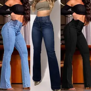 2025 European and American elastic waist high waist stretch slim fit flared hip lift denim trousers