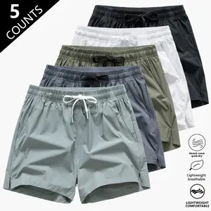 Pack of 5 men’s shorts with zippered pockets, lightweight stretchy casual shorts, drawstring high-waisted athletic shorts, breathable quick-dry versatile bottoms suitable for outdoor sports and everyday wear