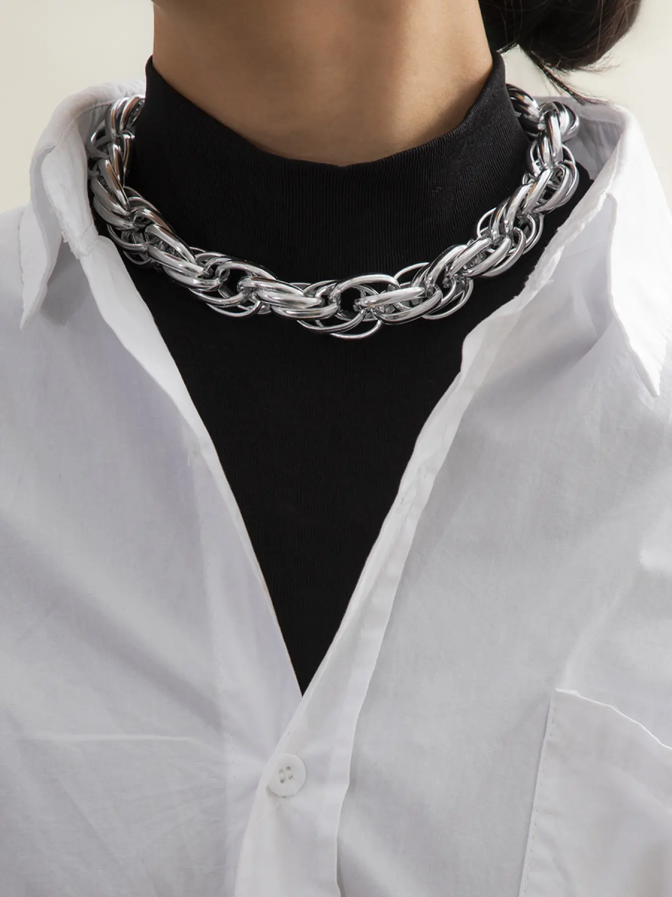 Silver Color Chunky Chain Choker Necklace, Cool Style for Women, Daily Wear & Party Gift, Titanium Alloy, Fashionable Accessory, Street Fashion