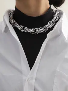 Silver Color Chunky Chain Choker Necklace, Cool Style for Women, Daily Wear & Party Gift, Titanium Alloy, Street Fashion