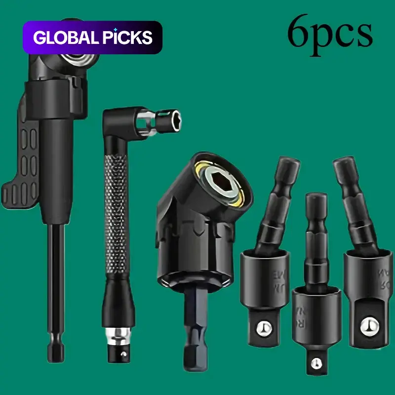 Right-Angle Drill Bit Accessory Set (6 Pieces), Heavy-Duty Power Tool Accessories Drill Attachment Kit: 3 x 360° Rotatable 1/4", 3/8" & 1/2" Impact-Grade Socket Adapters, 2 x 105° Hex Shank Angle Adapters, 90° Right-Angle Drill Bit #GLOBAL PICKS