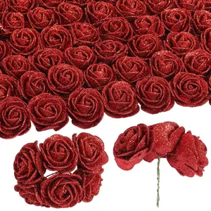 Fake Roses 60 Blue Glitter Roses Artificial Flowers with Stems for Cake Wedding Bouquet Home Party Decoration