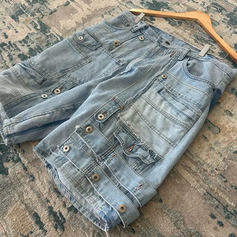 Custom Upcycled Patchwork Denim Shorts - Light Blue Wash Reworked Jean Shorts