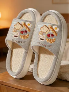 Breastfeeding Embroidered Home Slippers, Waffle Linen Breathable, Japanese Style Healing Lazy Daily Thick Sole Slippers