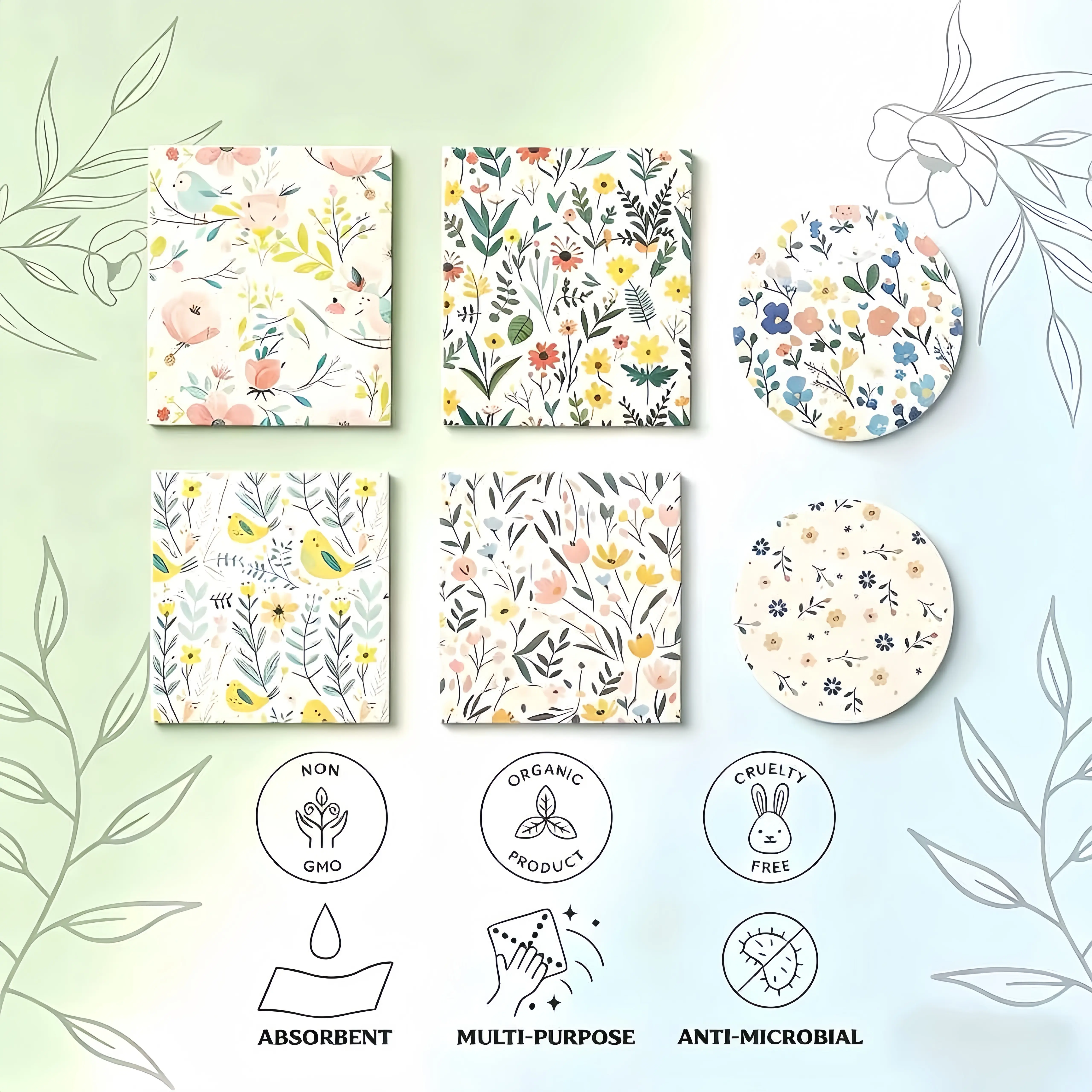 Absorbent Kitchen Towels 6-Pack Swedish Set - GOTS Certified Anti-Microbial, Durable, Machine-Washable Non-Woven Wood Pulp Wipes with Cellulose Sponges, Cruelty-Free Floral Bird Design for Daily Kitchen Drying & Care
