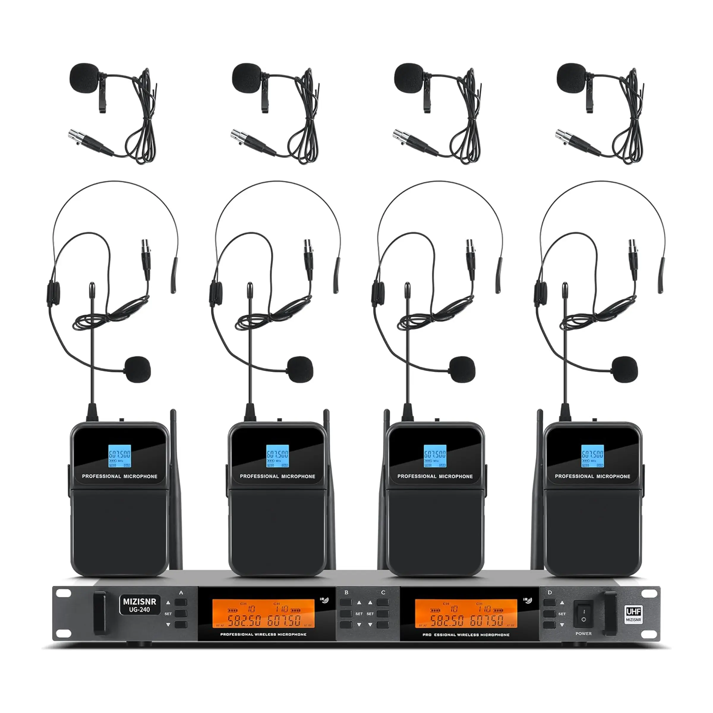 4 Channel UHF Cordless Lapel Microphones Kit - Durable Metal Receiver, 4 Bodypacks, 300ft Range, 4x100 Adjustable Frequencies, XLR/TRS Outputs for Church, Karaoke, Professional Audio Needs, Cordless Mics