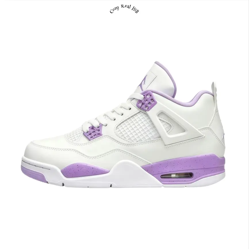 Mid Top Cushioned Basketball Sneakers, White Leather Upper, Light Purple Speckled Decor, Breathable Mesh Panel, Shock Absorbing Midsole, Non Slip Rubber Outsole, Sports Training, Casual Daily Wear