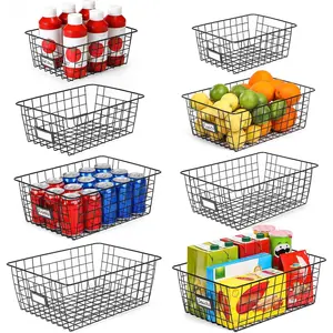 8 Set,  Wire Baskets for Organizing with Lables, Cabinet Pantry Organization and Storage Bins - Metal Basket for Kitchen, Laundry, Garage, Fridge, Bathroom Countertop Organizer, Black