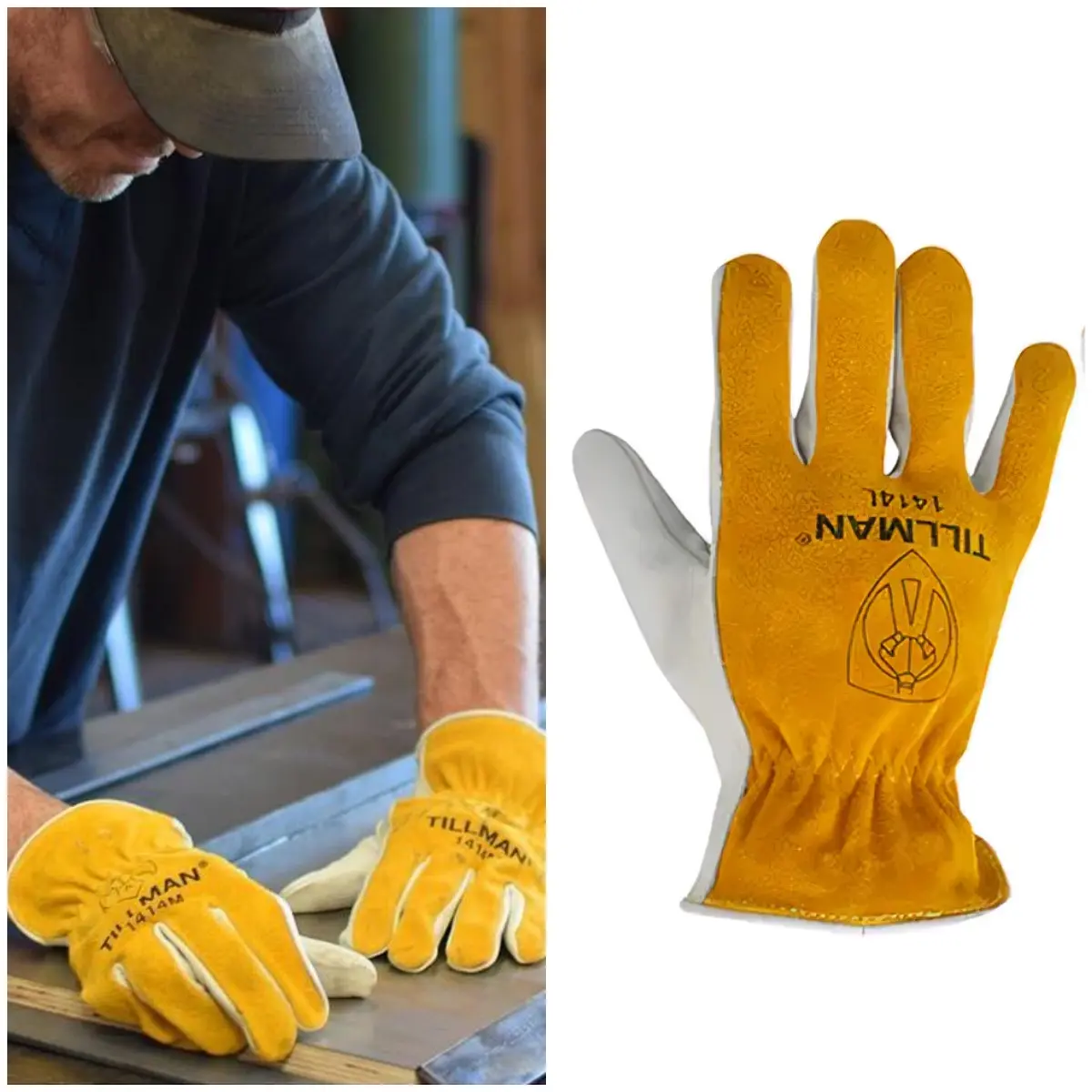 Tillman 1414 Work Gloves - Legendary Bourbon Cowhide Split Leather Back, Premium Top Grain Pearl Cowhide Palm, Natural Hand Shape, Keystone Thumb, Durable Double Stitching, Forefinger Design, for General Maintenance Work, Light-Duty Welding Prep, Gloves F