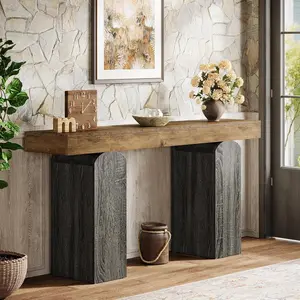 LITTLE TREE 63" Long Entryway Table, Farmhouse Console Table with 2 Arched Pedestal Legs, Wooden Sofa Console Behind The Couch for Entrance, Hallway, Living Room
