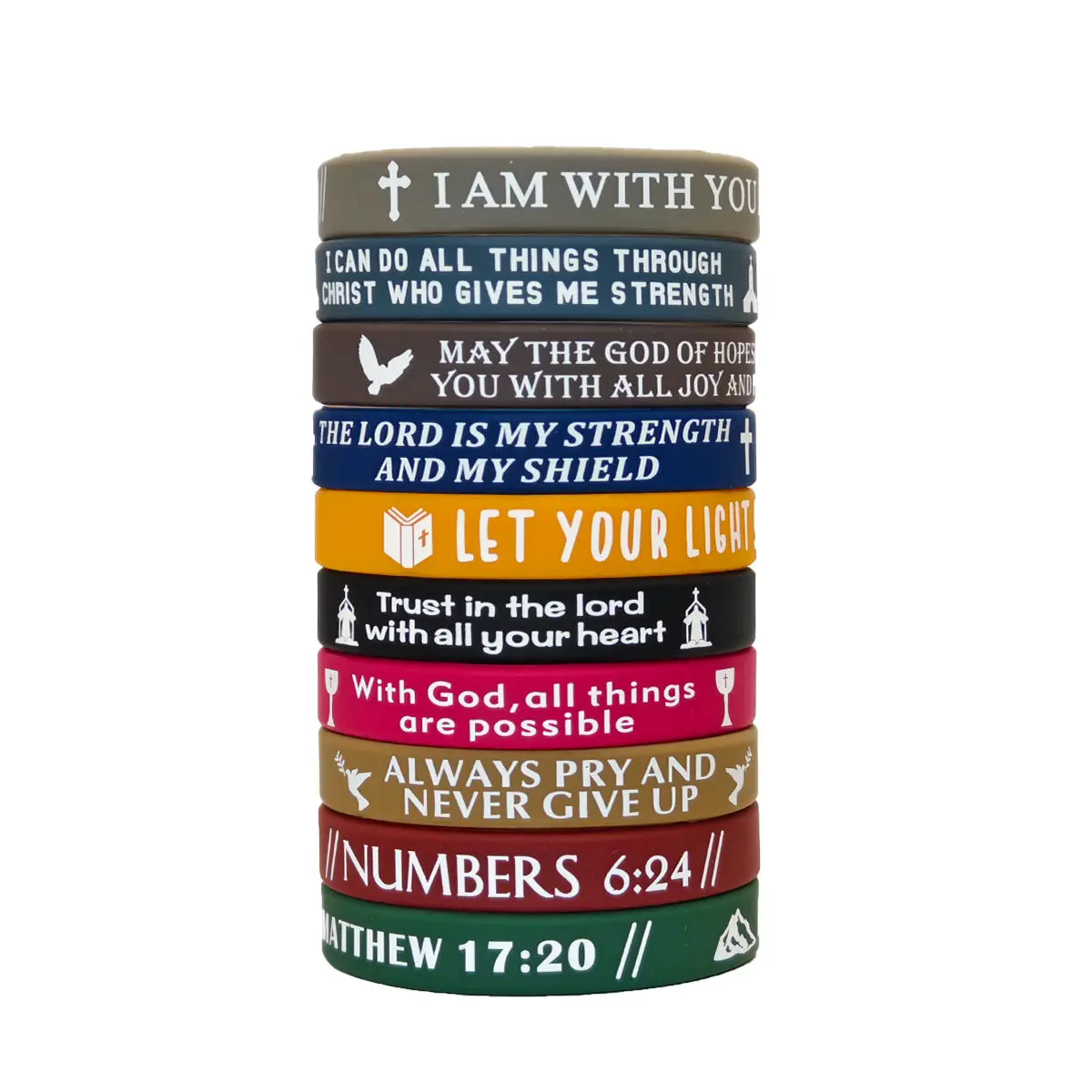 Unisex Christian Bible Verse Silicone Wristbands - 10/20 Pcs Inspirational Jewelry, Lightweight Portable Faith Friendship Bracelets with Letters, Religious Christmas Fashion Accessory, Adjustable Fit Bangle, Vibrant, 8 Inches/20 Cm, Silicone Rubber, Casua