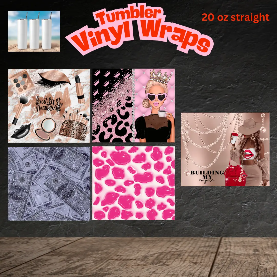 Girly Tumbler Vinyl Wraps 20oz 5-Piece Bundle - No Heat Needed, Ideal for Everyday Use, Versatile Designs for Various Items