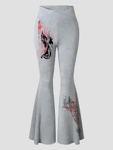 Women's leggings, crossover waistband, flared pants, gothic pattern, Graphic, comfortable fit, suitable for all seasons, stylish women's everyday bottoms, versatile and easy to match, Womenswear
