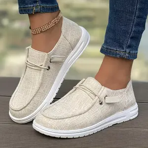 Mama Shoes – 1 pair of women’s all-season canvas loafers, solid color low-top slip-on shoes with tassel detail, plain toe, fabric insole, EVA and rubber sole; girls’ comfort slip-on footwear with chain nail decor, khaki