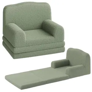 Kids Couch, 2-in-1 Convertible Teddy Fleece Fabric Toddler Sofa Chair, Soft Fold Out Couch Lounger for Kids, Comfy Children's Sofa Bed for Playroom, Nursery, Birthday Gift,Green