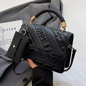 [Stylish Quilted Handbag] 1pc Stylish Black Quilted Handbag - Adjustable Strap, Magnetic Flap Closure, Card Holder, Metallic Golden-Tone Hardware, Braided Handle, Mini Coin Pouch, Crossbody Purse for Women