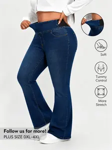 Women's Plus Size High Elastic Waist Denim Jeans, Washed Slim Fit Bell Bottoms, Comfortable Breathable Cotton Feel, All Seasons, Leg Shaping, Casual Office Wear