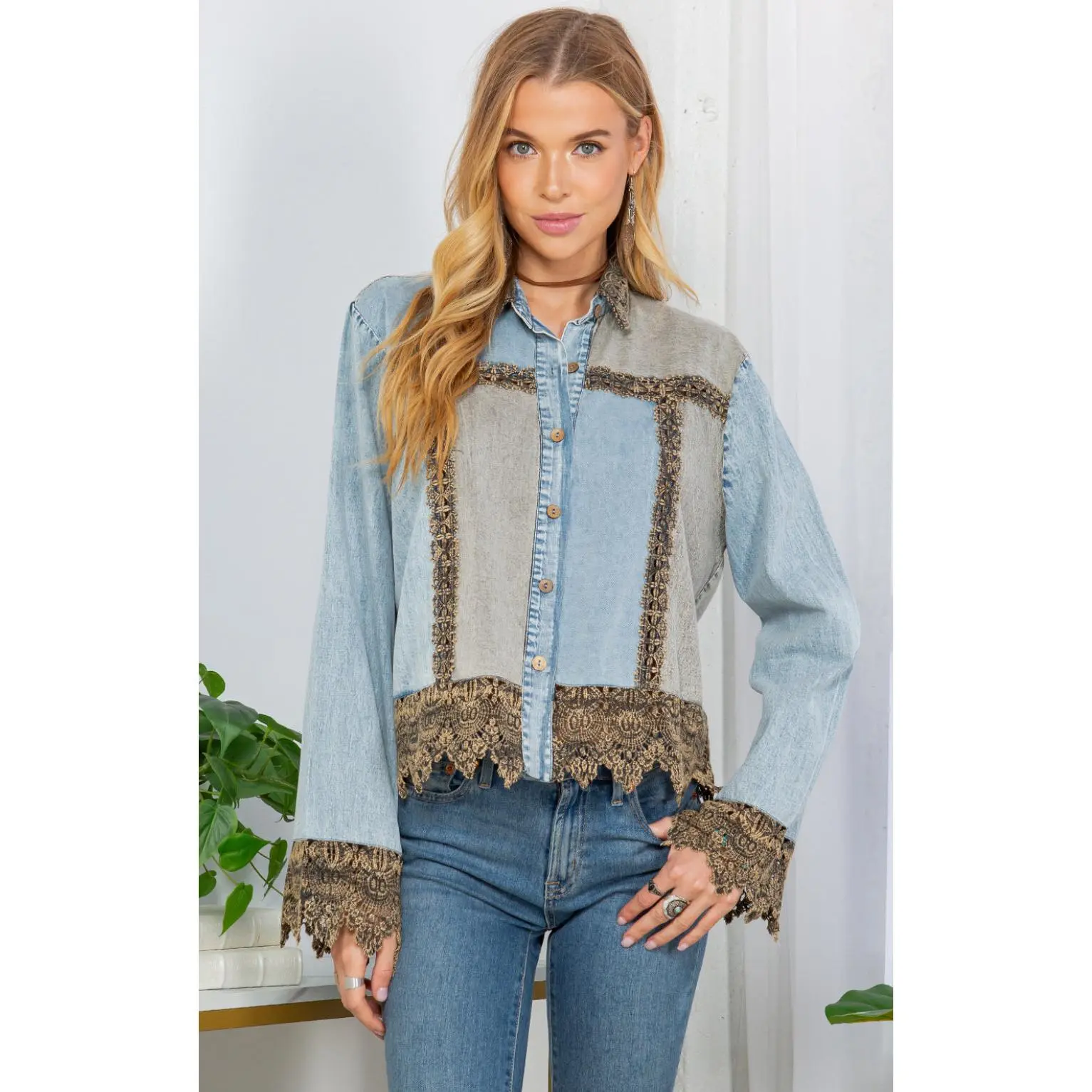 Cropped Denim Patchwork Jacket with Lace Inserts