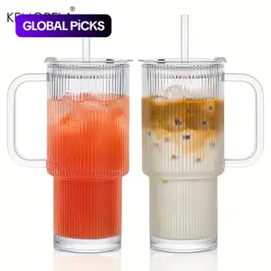 Glass Tumbler with Handle & Lid, 1/2 Counts Large Capacity Iced Coffee Cup with Straw, Modern Glass Mug for Cold & Hot Beverages, Aesthetic Travel Cup, Drinkware, Glass Water Cup #GLOBAL PICKS
