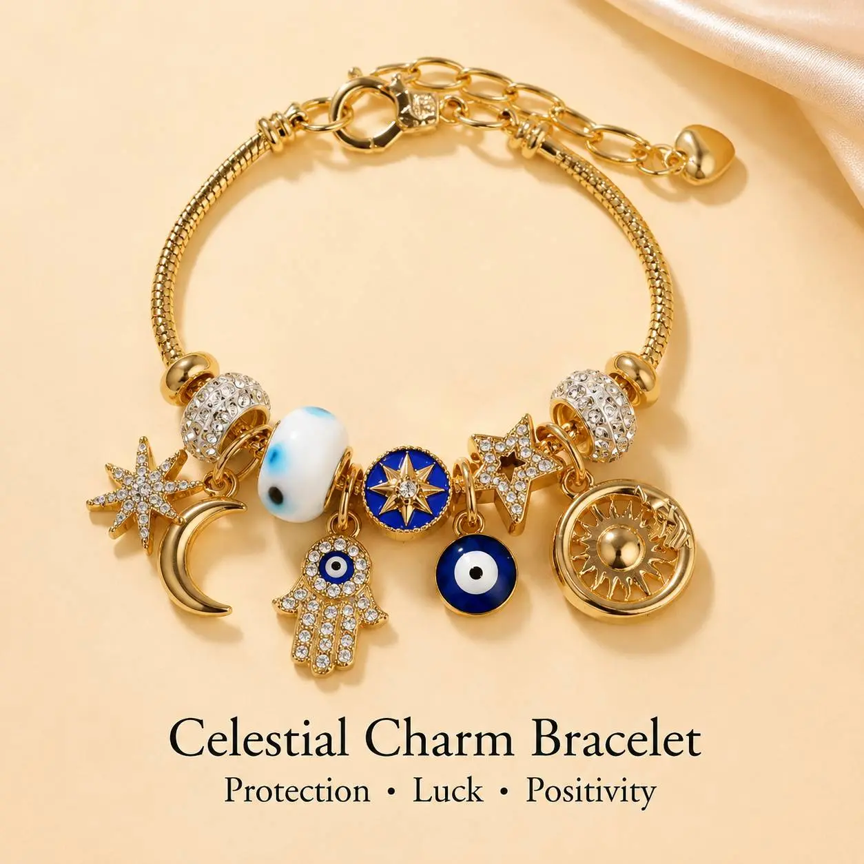 Women's Gold Adjustable Celestial Charm Bracelet - Celestial Motifs, Evil Eye, Hamsa Hand, Crescent Moon, Sun, Star Charm Beads, Metal Coating Chain Jewelry Bracelets & Bangles, Spiritual Protection Daily Wear Gift for Loved Ones