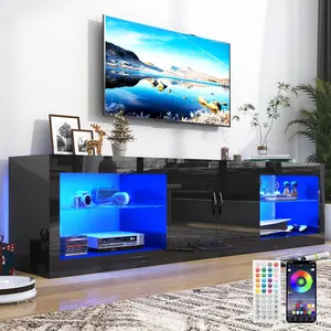 70 Inch High Gloss Led TV Stand for 80/75/65 Inch TV, Large Modern Entertainment Center with Adjustable Glass Shelves Two Cabinets, Gaming TV Console w/Led Light for Living Room(White)Black