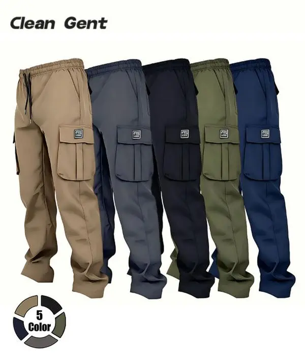 Clean Gent men’s outdoor cargo pants with a drawstring waist, casual flap pockets for everyday wear; street-style men’s all-season bottoms; regular fit, durable outdoor sports cargo pants.