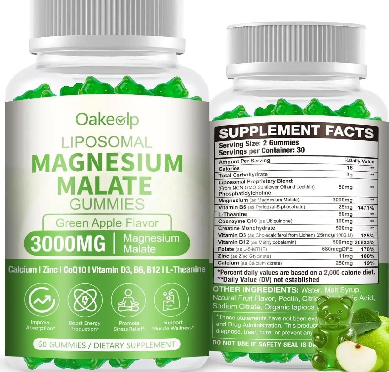 Liposomal 3000mg Magnesium Malate Gummies Supplement,Complex Creatine Monohydrate,Folate, Active B12 & D3, L-Theanine & CoQ10, for Stress Relief,Methylation, Energy, Muscle & Calm