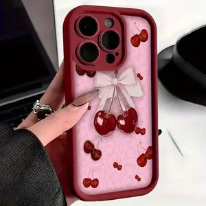 Cherry and Pink Bow Background Case for iPhone 17 Pro Max 16 16e 15 14 Plus 13 12 Mini 11 Air  X XS Pattern Soft TPU Rubber Camera Protection Rugged Mobile Phone Cover Gift iPhone case