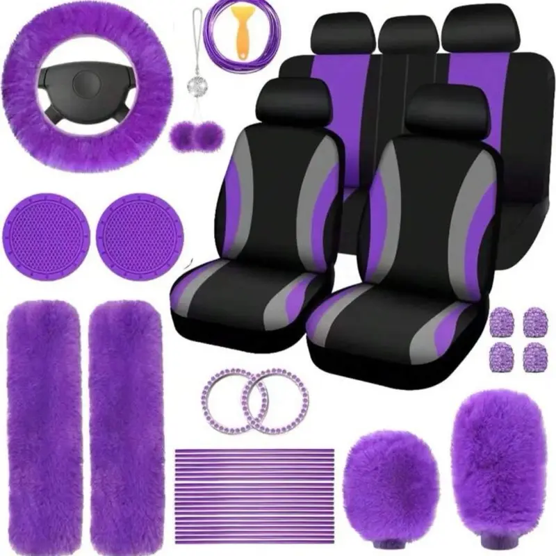 Car Interior Decorative Accessories, Car Seat Decoration Accessories, Universal Plush Steering Wheel Protective Cover Kit, Car Interior Seat Set, Automotive Accessories, Teen Girl Gifts, Decorative