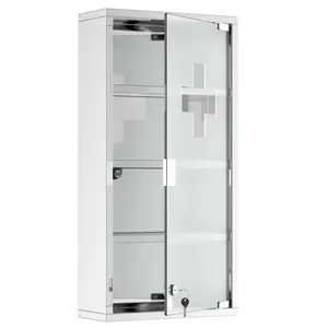 HOMCOM Lockable Stainless Steel Floating Bathroom Organizer Wall Cabinet, Child-Friendly Glass Multi-Compartment Unit with 4-Tier Shelves, 2 Keys Included, Silver, 12" x 24", Floating Wall Cabinets