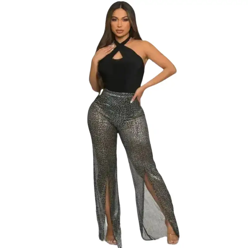Halter Neck Silver Metallic Cheetah Print Leg Jumpsuit.