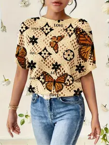 Women's Geometric Floral Butterfly Letter Print Round Neck Sweater, Casual Batwing Sleeve Knit Top, Comfortable Warm Spring Fall Wear, Boho Casual Knitwear, Knitwear, Womenswear