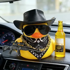 Black Cool Rubber Duck Car Accessories with Hat Sunglasses Gold Necklace Beer Gun DIY Assembly Dashboard Decoration