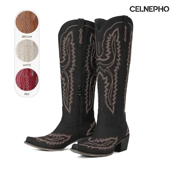 CELNEPHO Cowboy Boots for Women Pointed Toe Chunky Block Heel Embroidery Design Western Knee High Boot Side Zipper Classic Vintage Fashion Cowgirl Booties Comfy Easy Pull on Party Work Casual Country Wedding Outdoor Events Gift Riding Trendy Dress Shoes
