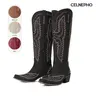 CELNEPHO Cowboy Boots for Women Pointed Toe Chunky Block Heel Embroidery Design Western Knee High Boot Side Zipper Classic Vintage Fashion Cowgirl Booties Comfy Easy Pull on Party Work Casual Country Wedding Outdoor Events Gift Riding Trendy Dress Shoes