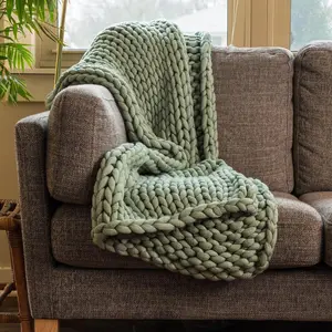 212 MAIN Rectangular Acrylic Fiber Chunky Knit Throw - Chunky Knit Blanket, 40x50 in, Soft Texture, Soft Warming Blanket, Sage, Ideal for Outdoor Sofas & Furniture