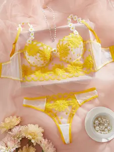 Lace Christmas Lingerie Women's INS-Style Yellow Flower Embroidery Sheer Lingerie Set Vneck Floral Lace Corset Casual Halloween Gift for Her Womenswear