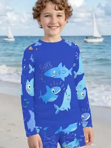 Boys Summer Water Play ! Cartoon Shark Print Long Sleeve Sun Protection Swimwear Set, Casual Slim-Fitting Short Pants