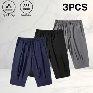 Ice silk three quarter pants set of 3, minimalist  style with a drapey feel and a drawstring elastic waistband; breathable, quick drying, unisex for summer wear at home and outdoors—comfortable wide leg pants suitable for walking and commuting.  casual