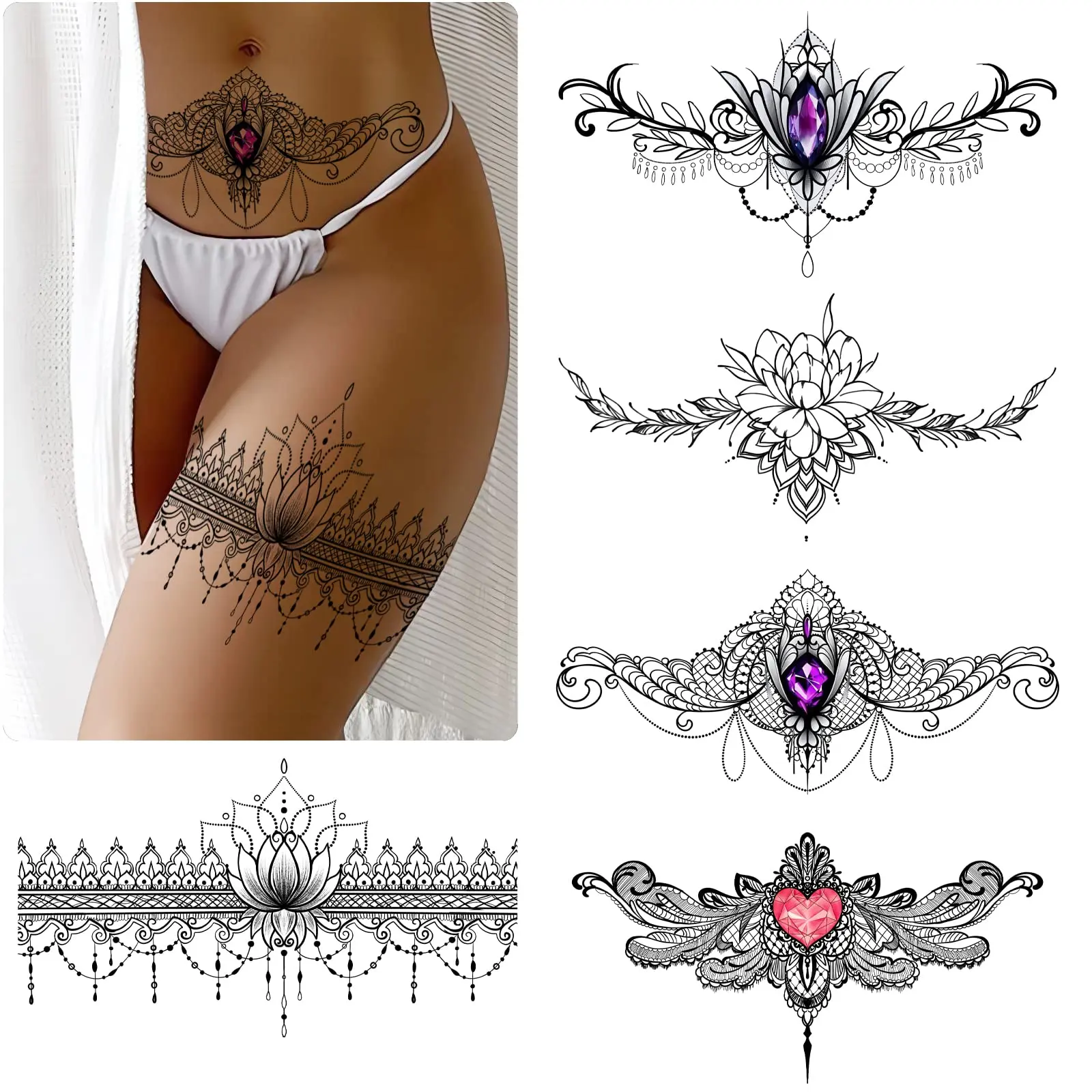 Lace Tattoos, Large Sexy Temporary Tattoo Set, Temporary Tattoos For Women, Belly Back Waist Thigh Body Art Fake Tattoos