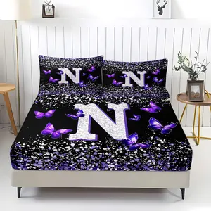 3pcs 100% Polyester / Butterfly Alphabet Fitted Sheet Set / Aesthetic Purple Glitter 26 Letter Pattern / Soft Breathable Microfiber Bedding / Modern Home Interior Essential / Gift for Girls / Ultra-Soft Luxury Bed Sheets / [Do Not Contain Fillings]